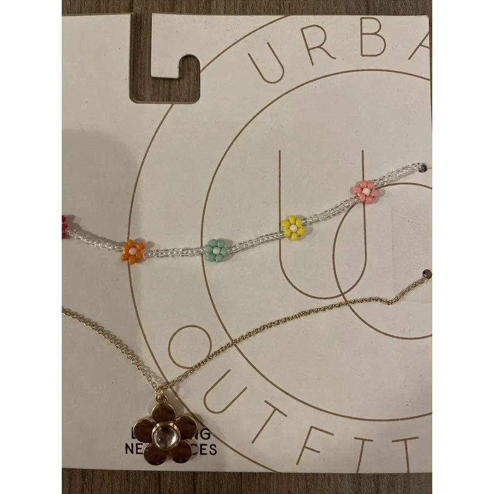 Urban Outfitters Layla Beaded Flower Layered Necklace Gold Tone Assorted Colors‎